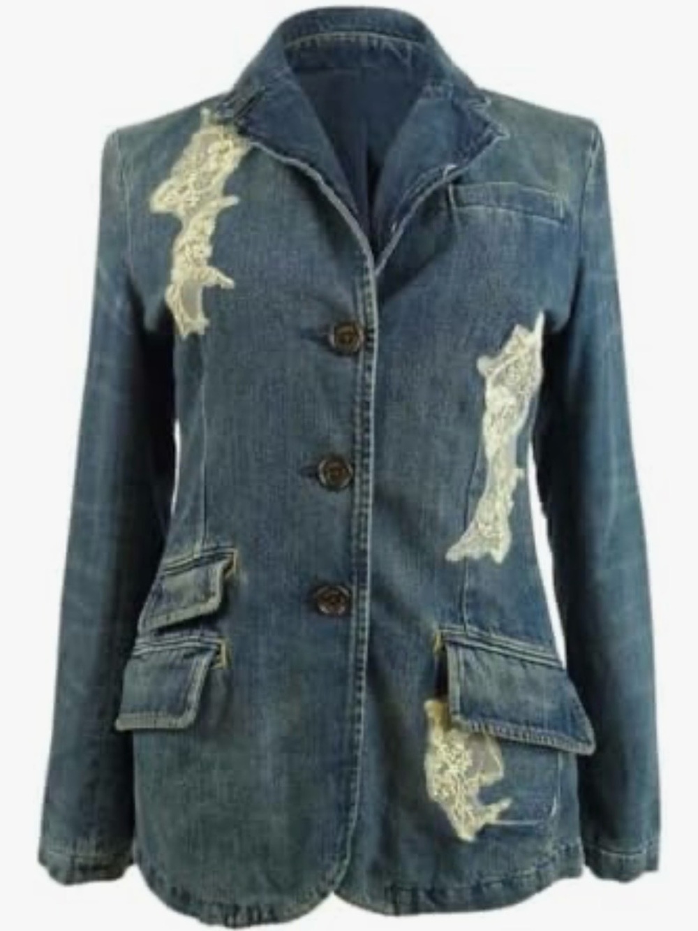 Lauren Ralph Lauren Blue Denim Blazer with Cream Lace Appliqués